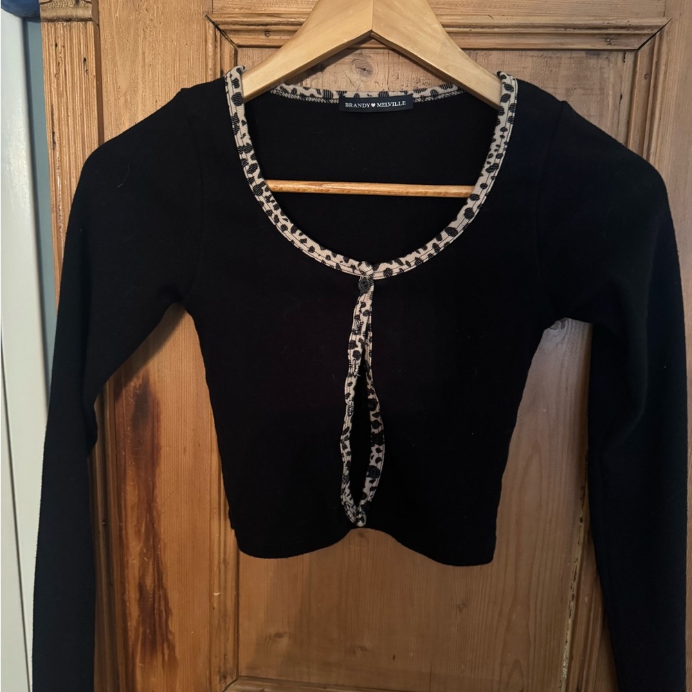 Brandy Melville Black Long Sleeve Crop cardigan with leopard trim